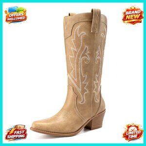 Embroidered Western Cowgirl Boots Pointed Toe Chunky Heel Mid Calf Fashion